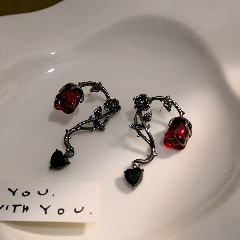 Wholesale Dark rattan red rose flower earrings